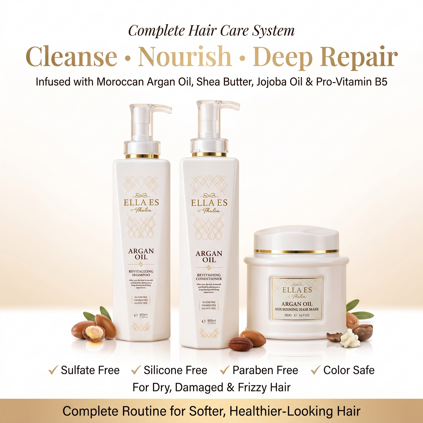Ella Es Thalia Complete Hair Care System | Argan Oil Shampoo, Conditioner & Hair Mask Set | Deep Hydration & Repair | Sulfate Free | 800ml + 800ml + 500g